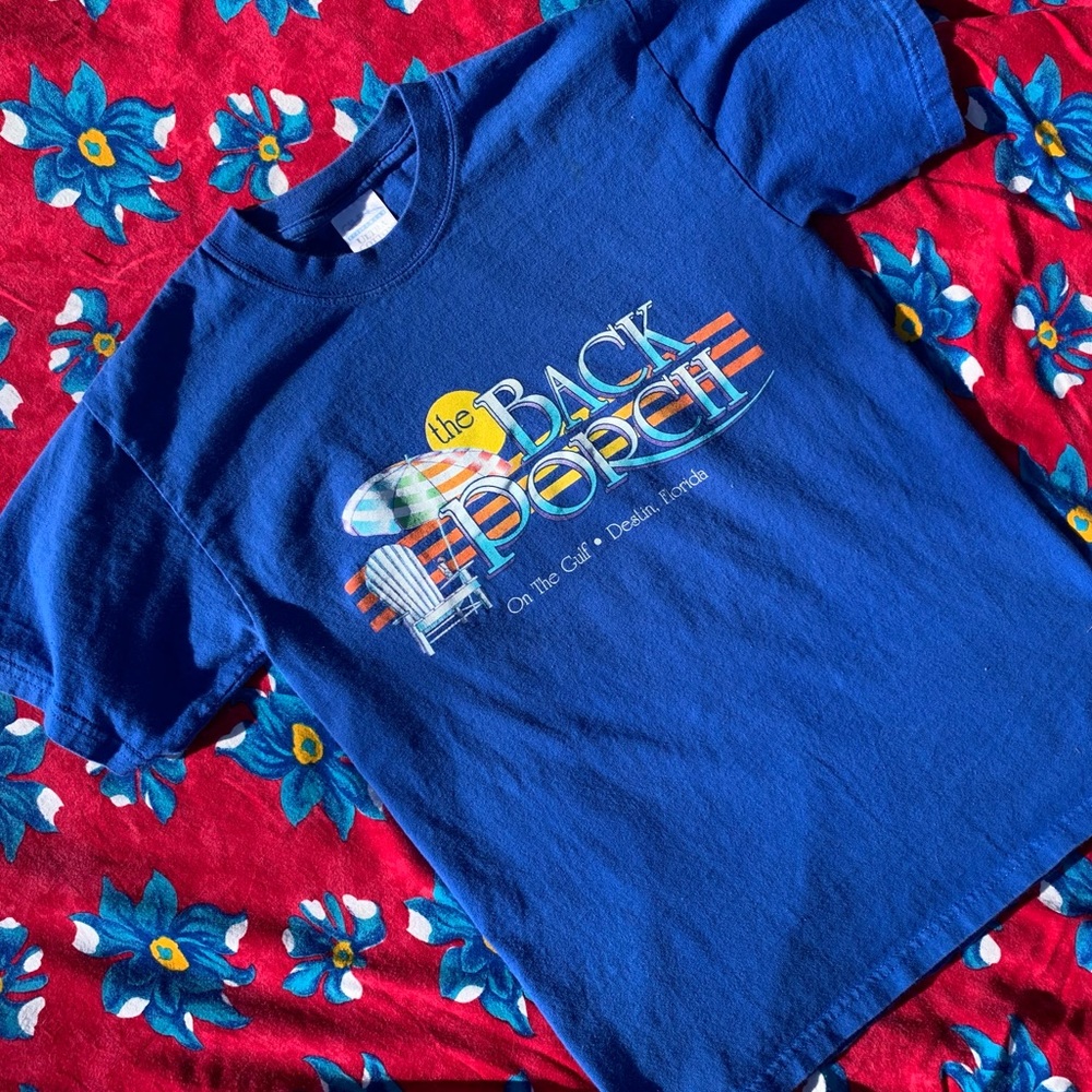 the backporch classic logo tee adult size small royal blue destin, FL circa 2002
